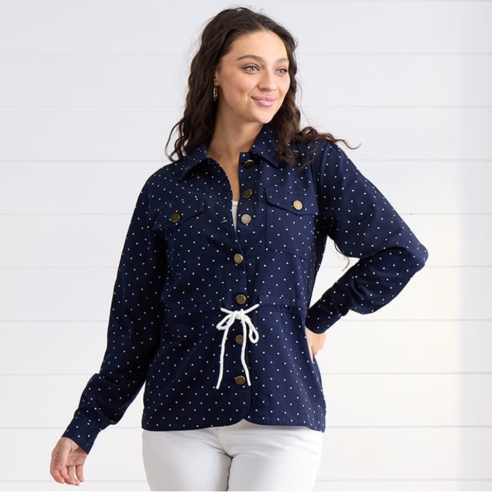 Kate y Sam Navy Polka Dot Drawstring Jean Jacket